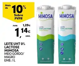 Continente Leite uht 0% lactose mimosa meio gordo/magro promoção