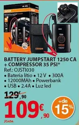 E.Leclerc osram battery jumpstart 1250 ca + compressor 35 psi promoção