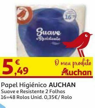 Auchan Papel higiénico auchan:suave e resistente 2f 16=48r promoção