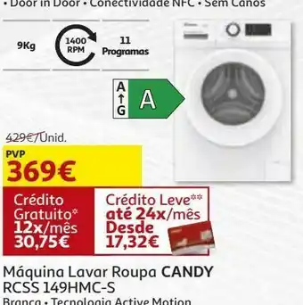Auchan Maquina lavar roupa candy:branco rcss 149hmc-s promoção