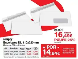 Staples simply envelopes dl 110x220mm promoção