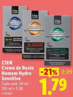 Lidl Cien Creme de Rosto Homem Hydro Sensitive promoção