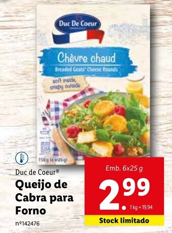 Lidl Duc de Coeur Queijo de Cabra para Forno 6x25g promoção