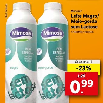 Lidl Mimosa Leite Magro/Meio-gordo sem Lactose 1L promoção