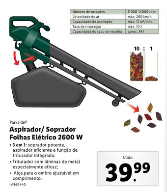 Lidl Parkside Aspirador/Soprador Folhas Elétrico 2600W promoção