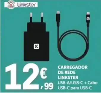 Carregador de rede linkster usb-a/usb-c + cabo usb-c para usb-c