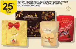Continente Nos bombons, das marcas lindor cornet, nuxor, champs-élysées, swiss thins, dulce deseós promoção
