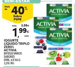 Continente Iogurte líquido triplo zero% activia bifidus vários sabores promoção