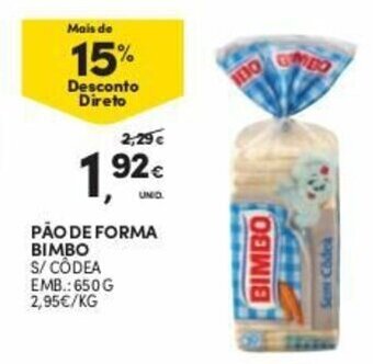 Continente Pão de Forma Bimbo s/Côdea 650g promoção