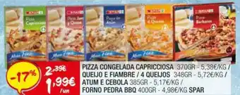 Spar Spar Pizza Congelada Capricciosa 370g, Queijo e Fiambre / 4 Queijo, Atum e Cebola 385g, Forno Pedra BBQ 400g promoção
