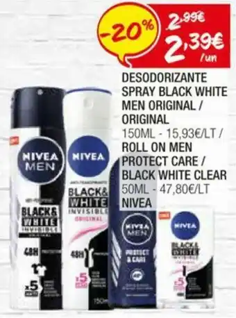 Spar Nivea Desodorizante Spray Black White Men Original 150ml. Roll On Men Protect Care / Black White Clear 50ml promoção