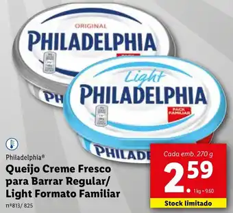Lidl Philadelphia Queijo Creme Fresco para Barrar Regular/ Light Formato Familiar 270g 175g promoção