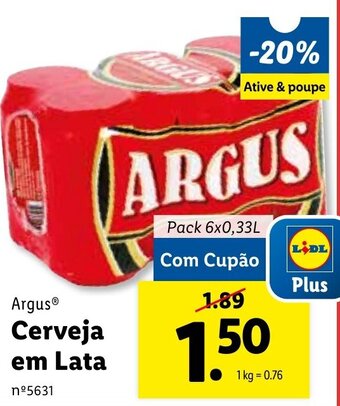 Lidl Argus Cerveja em Lata 6x0,33L promoção