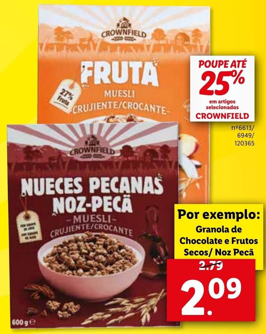 Promoção Crownfield Granola de Chocolate e Frutos Secos/ Noz Peça em Lidl