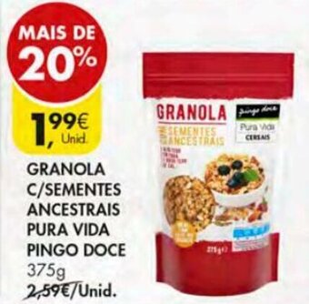 Pingo Doce Granola C/Sementes Ancestrais Pura Vida Pingo Doce 375g promoção