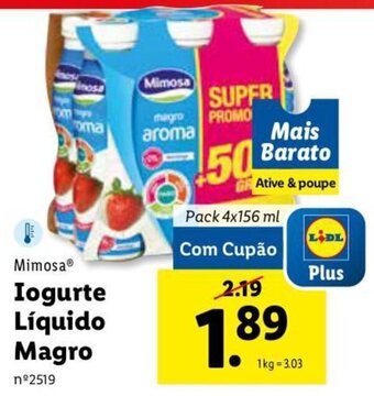 Lidl Mimosa Iogurte Líquido Magro 4x156ml promoção