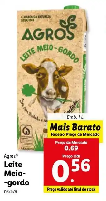 Lidl Agros Leite Meio-Gordo 1L promoção