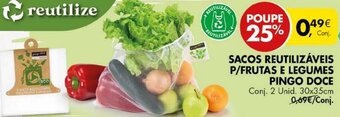 Sacos Reutilizáveis p/Frutas e Legumes Pingo Doce 2 x 30 x 35cm