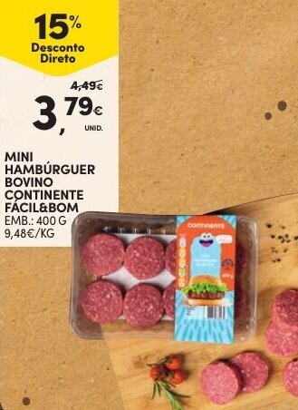Continente Mini Hambúrguer Bovino Continente Fácil & Bom 400g promoção