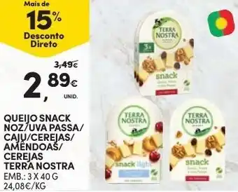 Continente Queijo Snack Noz/Uva Passa/Caju/Cerejas/Amêndoas Terra Nostra 3 x 40g promoção