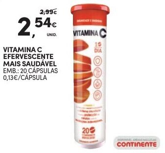 Continente Vitamina C Efervescente Mais Saudável 20 cápsulas promoção