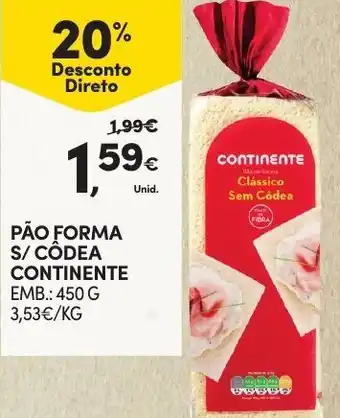 Continente Pão Forma S/ Côdea Continente 450g promoção