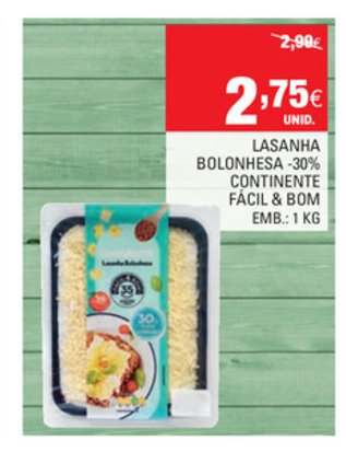 Continente Lasanha Bolonhesa -30% Continente 1kg promoção