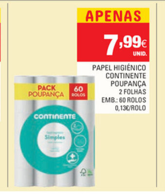 Continente Papel Higiénico Continente Poupança 60 Rolos promoção