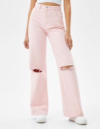 Bershka Calças sarja wide leg rasgões promoção