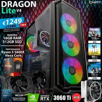Chip7 dragon series lite v4 / amd ryzen 5 5600x hexa core / nvidia rtx 3060 ti 8gb / 16gb ram / 512gb ssd - computador gaming