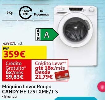 Auchan Máquina lavar roupa candy:branco he 129txme/1-s promoção