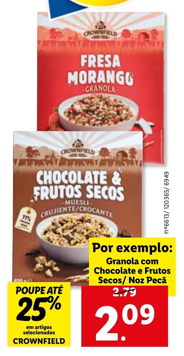 Promoção Crownfield Granola de Chocolate e Frutos Secos/Noz Pecã em Lidl
