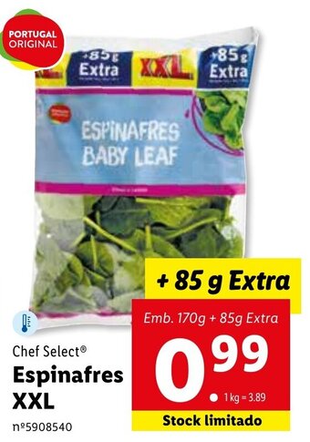 Lidl Chef Select Espinafres XXL 170g+85g promoção