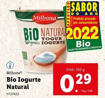 Lidl Milbona Bio Iogurte Natural 150g promoção