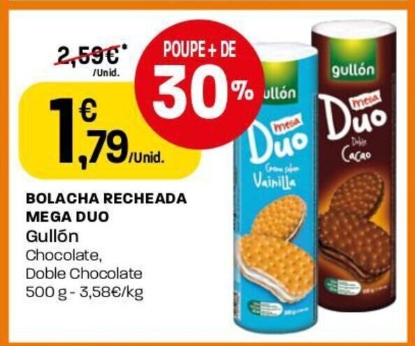 Intermarché Bolacha Recheada Mega Duo Gullón Chocolate , Doble Chocolate 500g promoção