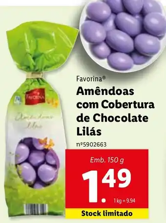Lidl Favorina Amêndoa com Cobertura de Chocolate Lilás 150g promoção