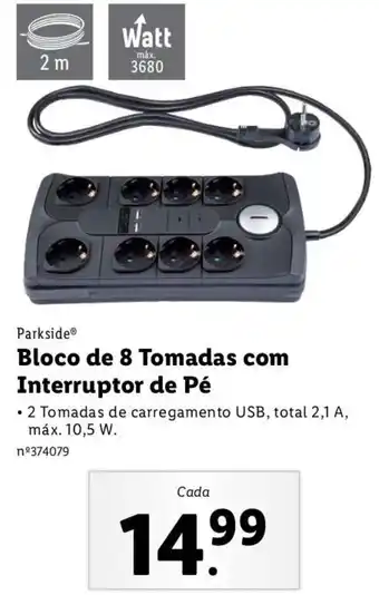Lidl Parkside Bloco de 8 Tomadas com Interruptor de Pé 10,5W promoção
