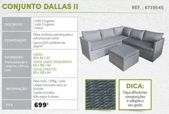 Continente Conjunto Dallas II Mesa 65 x 65 x 33cm/ Sofá Lado Esquerdo 65 x 198 x 64cm/ Sofá Direito 65 x 129 x 64cm promoção