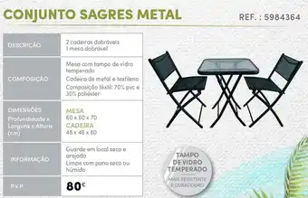 Continente Conjunto Sagres Metal Mesa 60 x 60 x 70cm/ Cadeira 48 x 46 x 80cm promoção