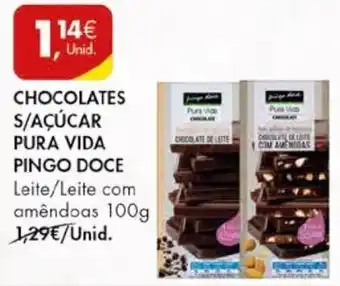 Pingo Doce Chocolates s/Açúcar Pura Vida Pingo Doce 100g promoção