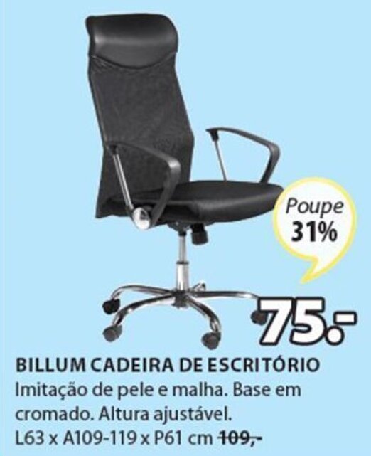 Jysk Billum Cadeira de Escritório 63 x 109-119 x 61cm promoção