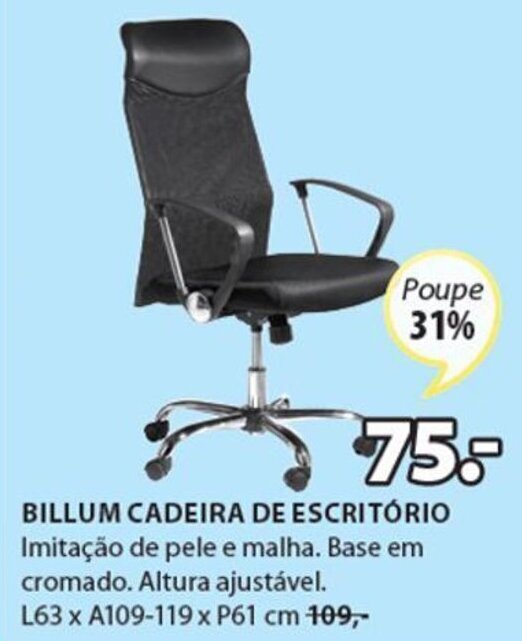 JYSK Billum Cadeira de Escritório 63 x 109-119 x 61cm promoção