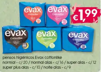 Bolama Pensos Higiénicos Evax Cottonlike Normal c/20/Normal Alas c/16, Super Alas c/12, Super Plus Alas c/10 Noite Alas c/9 promoção