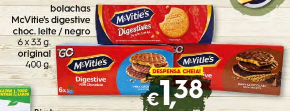 Bolama Bolachas McVitie's Digestive Choc. Leite / Negro 6 x 33g, Original 400g promoção