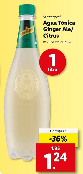 Lidl Schweppes Água Tónica Ginger Ale / Citrus 1L promoção