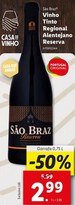 Lidl São Braz Vinho Tinto Regional Alentejano Reserva 0,75L promoção