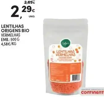 Continente Lentilhas Origens Bio 500g promoção