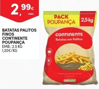 Continente Batatas Palitos Finos Continente Poupança 2,5kg promoção