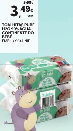 Continente Toalhitas Pure H20 99% Água Continente Do Bebe 3 x 64 Unid promoção