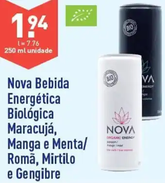 ALDI Nova Bebida Energética Biológica Maracujá, Manga e Menta/ Romã, Mirtilo e Gengibre 250ml promoção